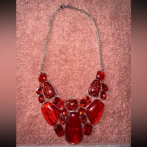Vintage-Inspired Geometric Red Gemstone Necklace with Bold Clavicle Chain